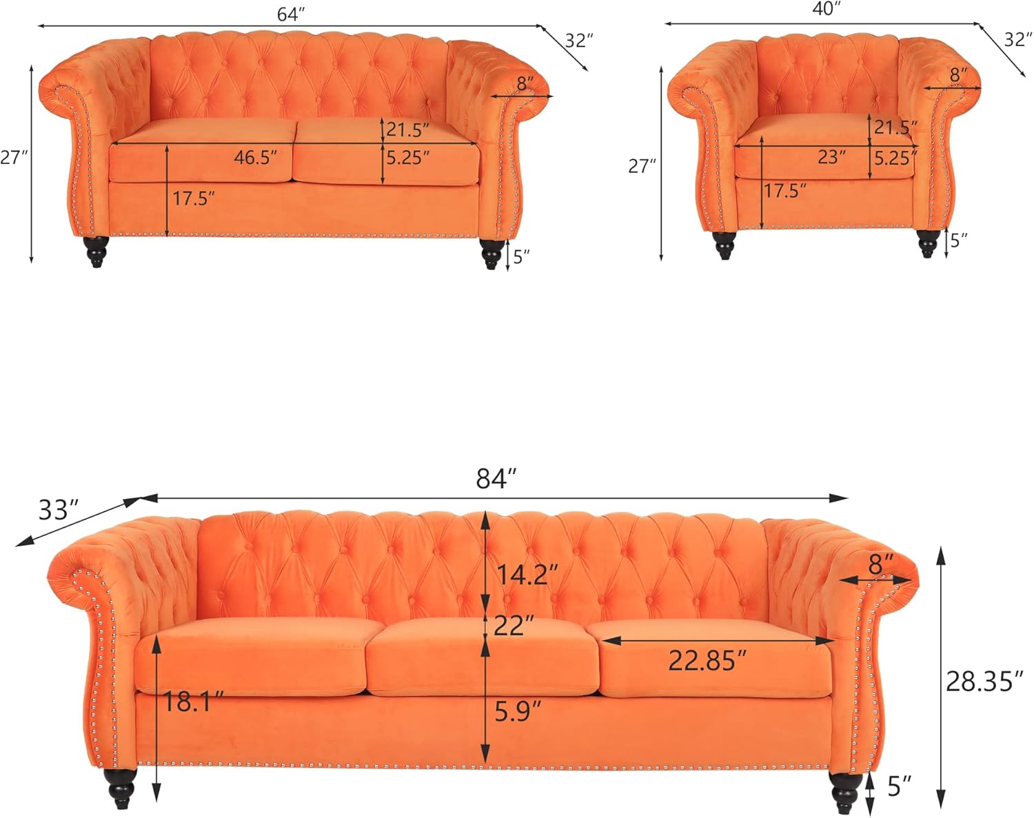 RARZOE Moderno juego de sofá de 2 piezas, naranja, espuma, sofá biplaza y sofá Chesterfield