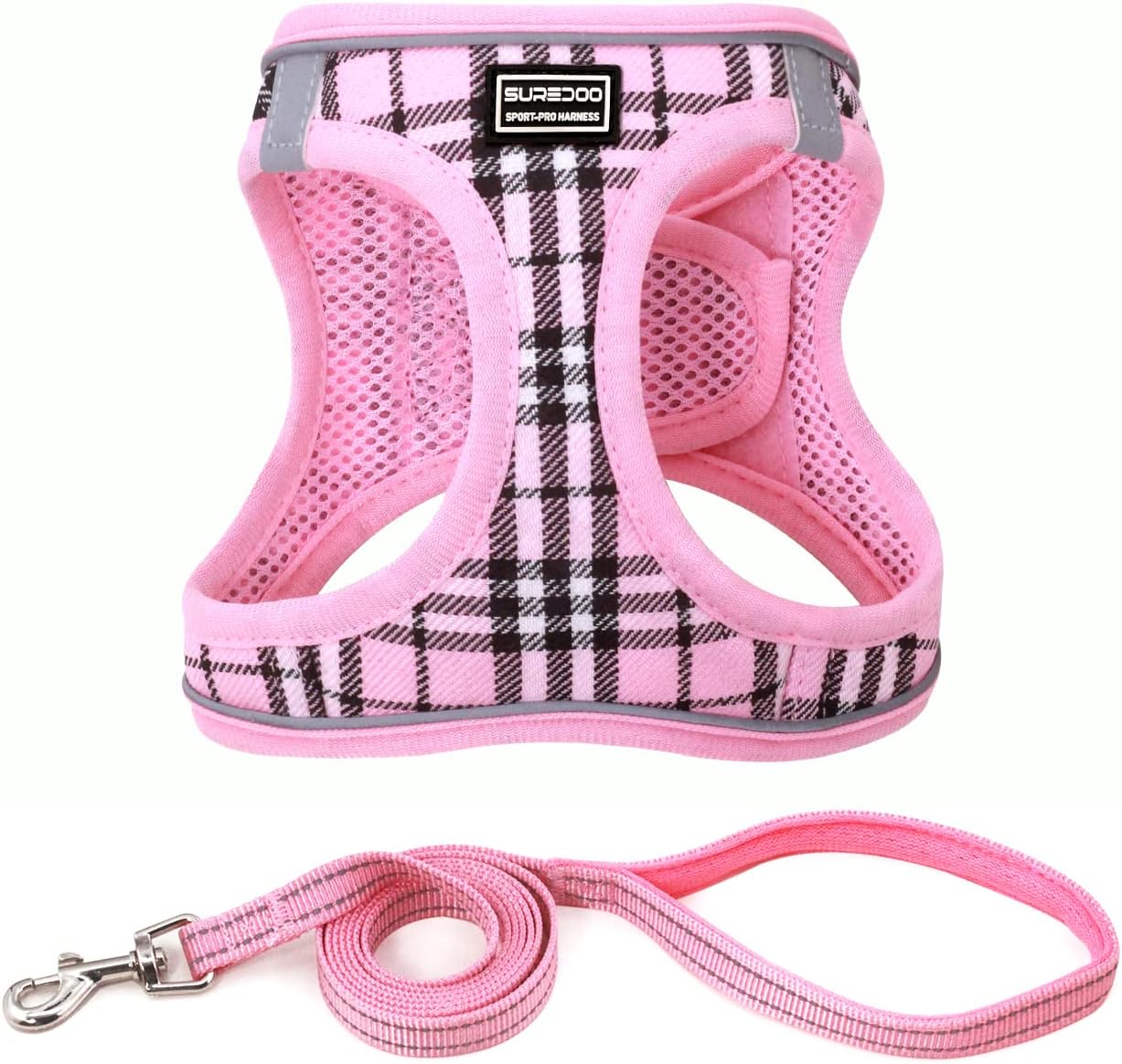 Juego de arnés y correa para perro, arnés reflectante transpirable para cachorros, gatos, chaleco para perros pequeños y medianos (cuadros rosados,