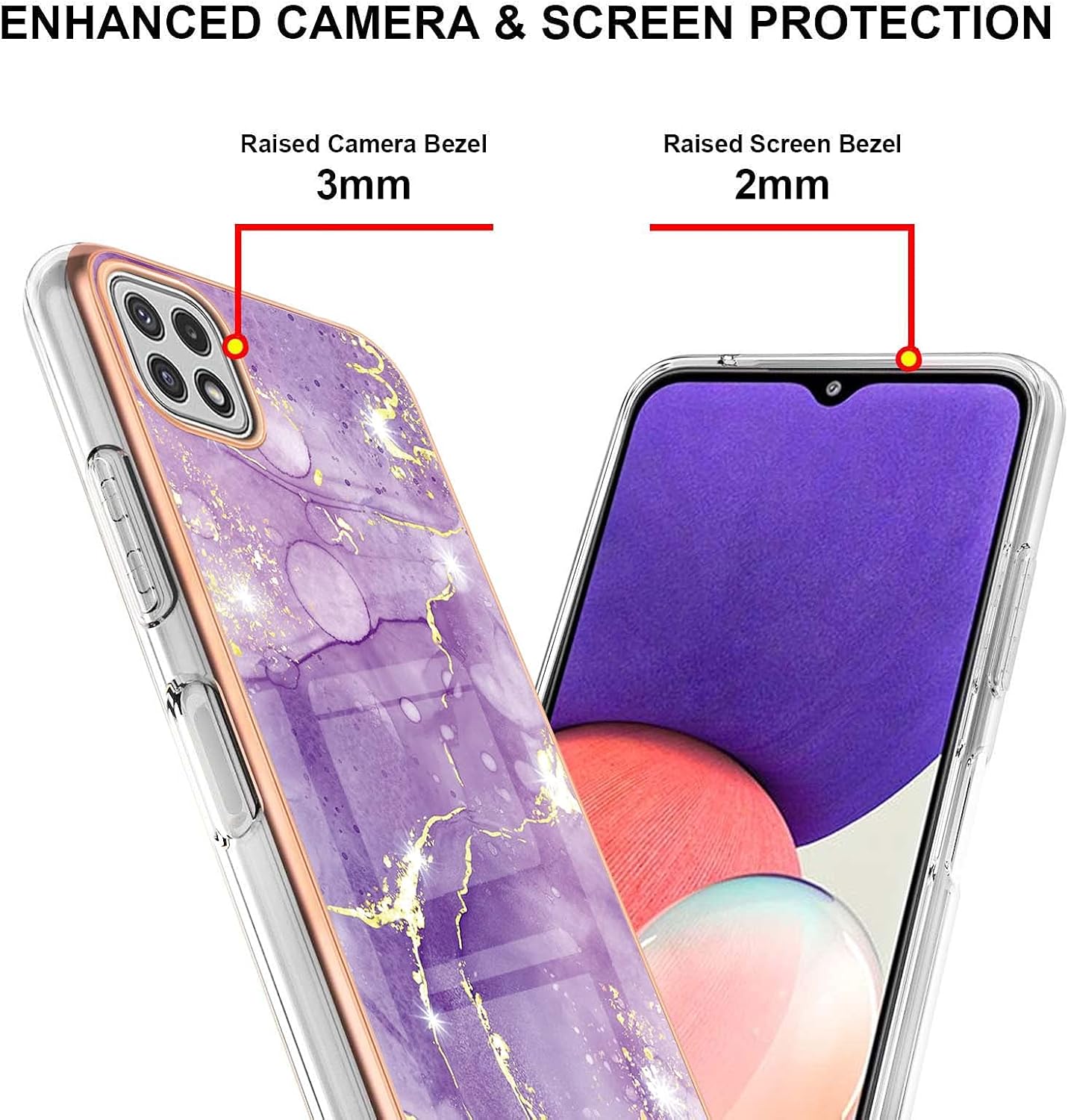 Monwutong Funda delgada para Samsung Galaxy A22 5G (no 4G), diseño de mármol brillante IMD para niñas, lente de cámara y cubierta protectora de