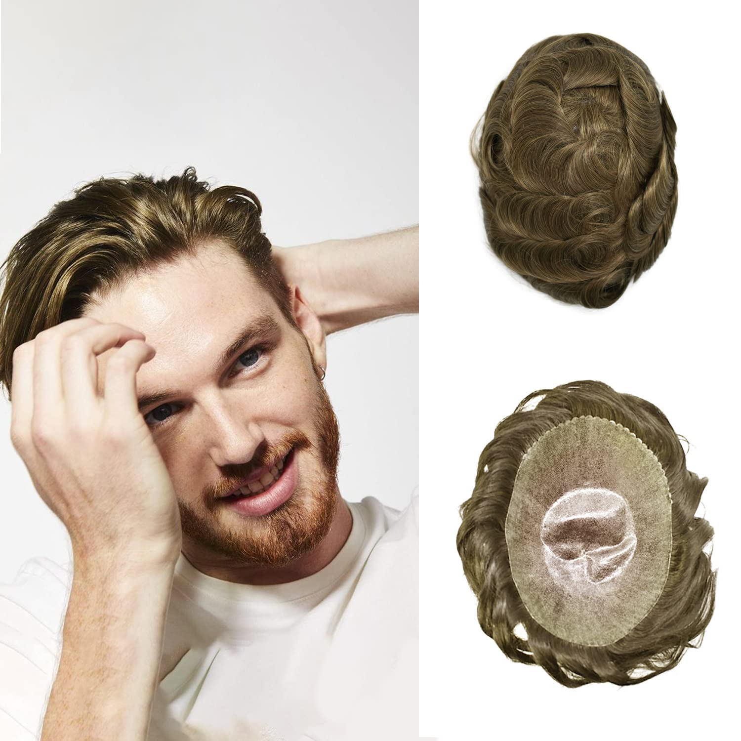 Cabello humano tipo toupee para hombre, sistemas de reemplazo de cabello con revestimiento de polietileno invisible, 8 x 10 pulgadas, postizos para
