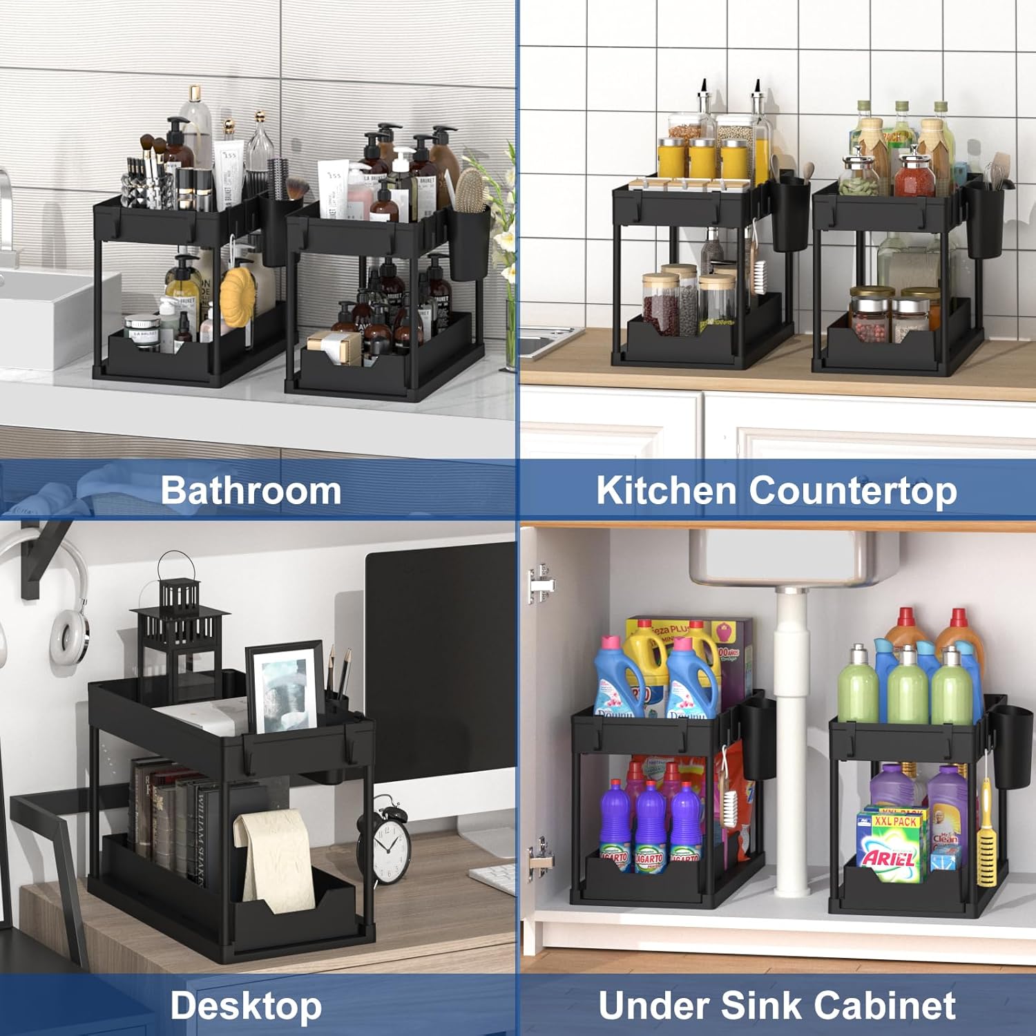 SUVANA Organizador para debajo del fregadero, organizador de armario de baño de 2 niveles con cesta deslizante debajo del fregadero, ganchos, taza
