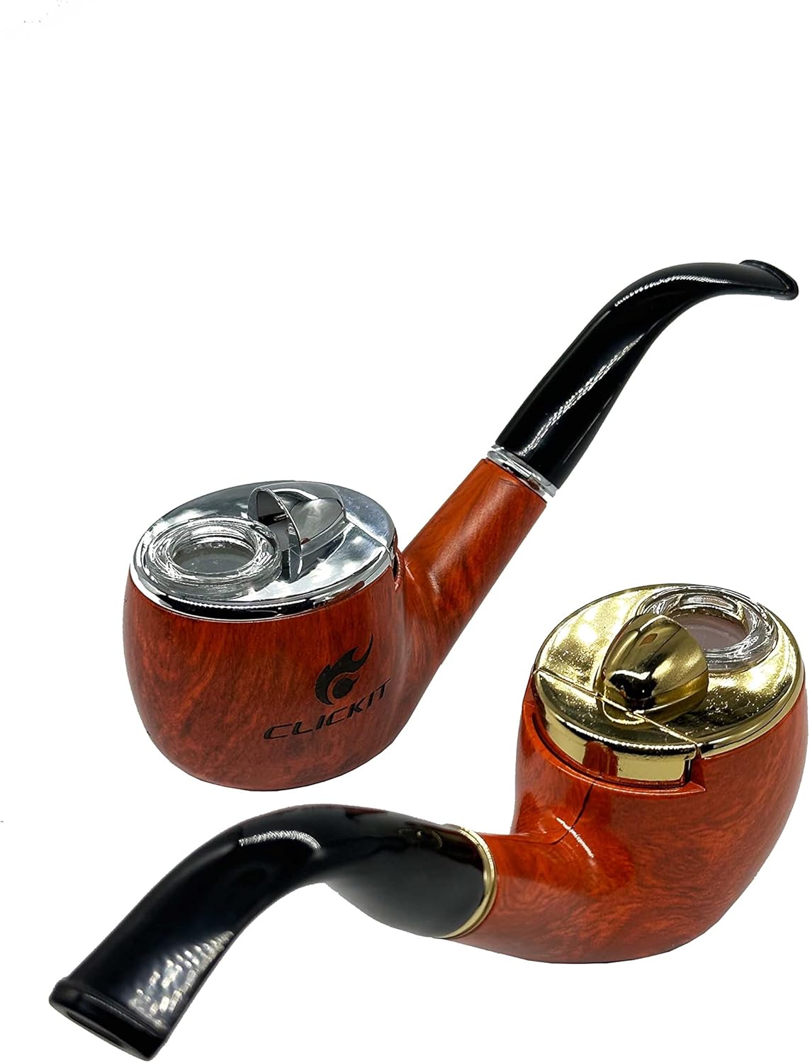 Click It- Pipa de tabaco – Encendedor integrado – Recargable (plata y oro 2 unidades)