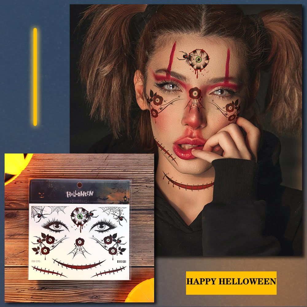Tatuajes temporales de Halloween, Día de los Muertos, calcomanías de tatuaje de ojos sangrientos, 10 hojas de tatuajes falsos para decoración de