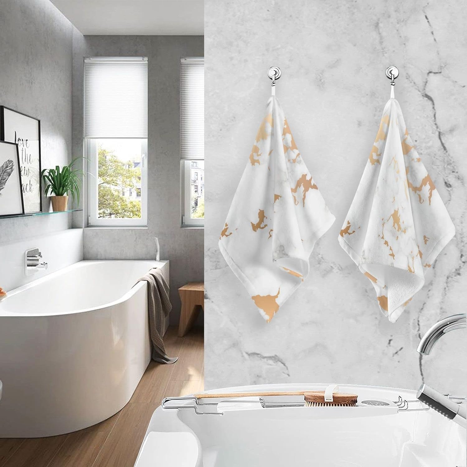ALAZA Juego de 2 toallas de mano fluidas de mármol gris blanco dorado para baño, toallas de baño suaves 100% algodón, toallas de baño decorativas de