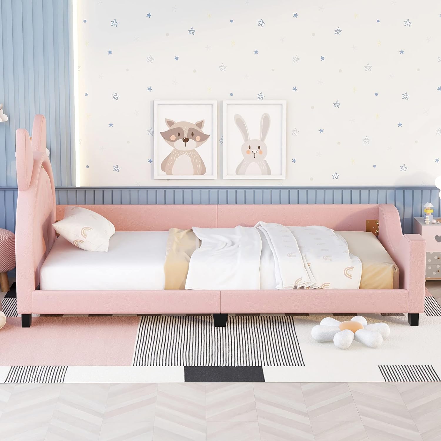 Merax Sofá cama tapizado de tamaño individual con cabecero de orejas de conejo, marco de cama de plataforma para niños, dormitorio infantil, no
