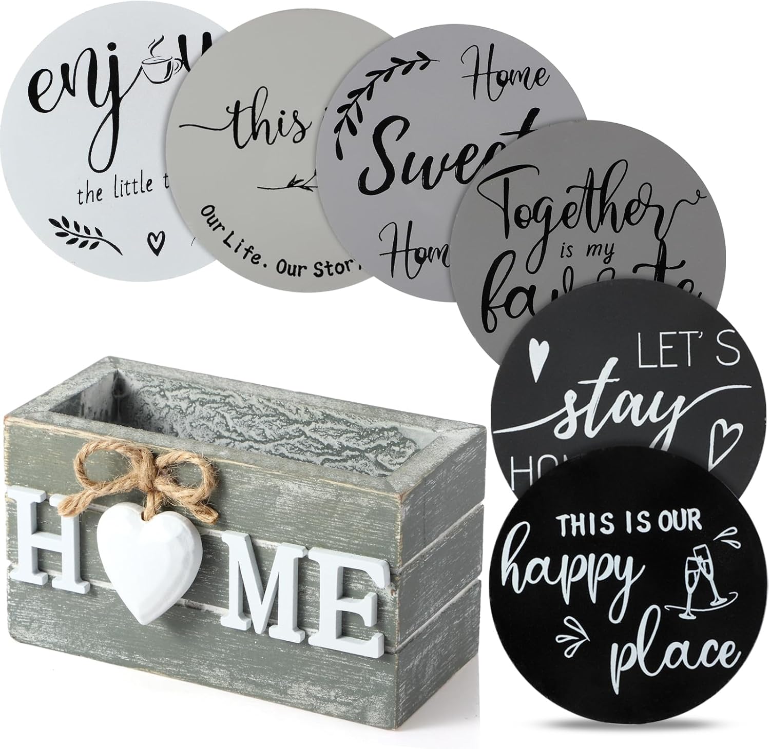Regalos de inauguración de la casa para decoración del hogar, posavasos de madera con corazón para bebidas, juego de 6 posavasos de granja con
