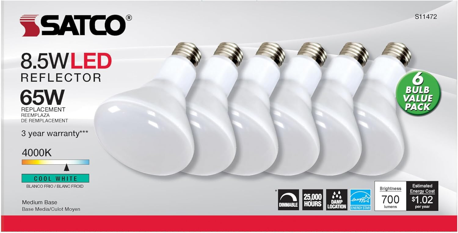 Satco S11472 Lámparas reflectoras LED BR30, 65 W de repuesto, blanco, 8.5 vatios, paquete de 6