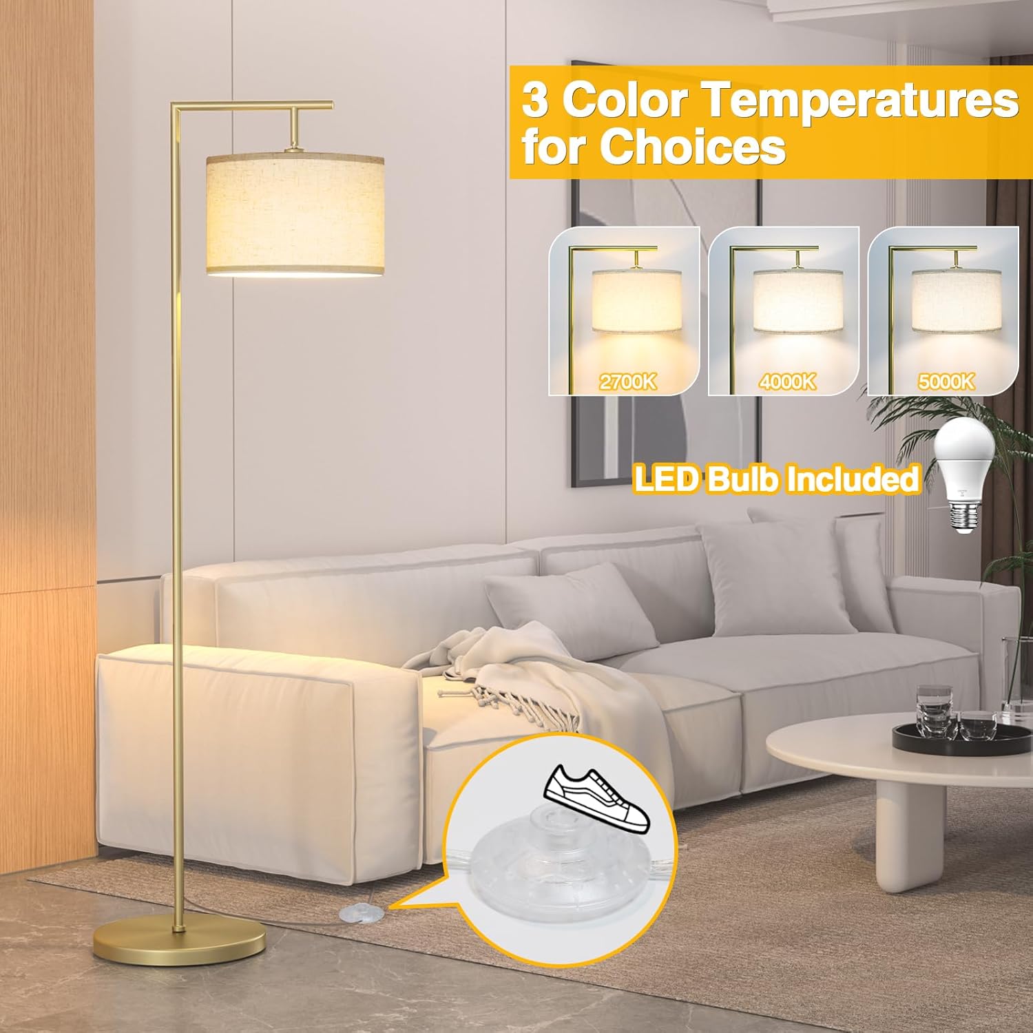 Lámpara de pie para sala de estar con 3 temperaturas de color, con pantalla ajustable de lino beige, lámparas altas para dormitorio, oficina, aula,