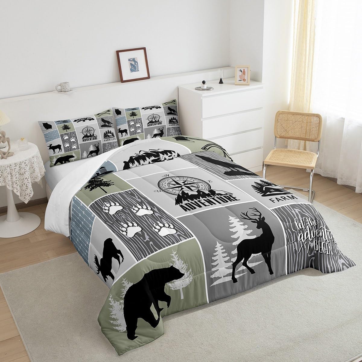 Juego de edredón rústico de cabaña para niños, tamaño individual, juego de ropa de cama de caza de ciervos y oso para decoración de habitación de