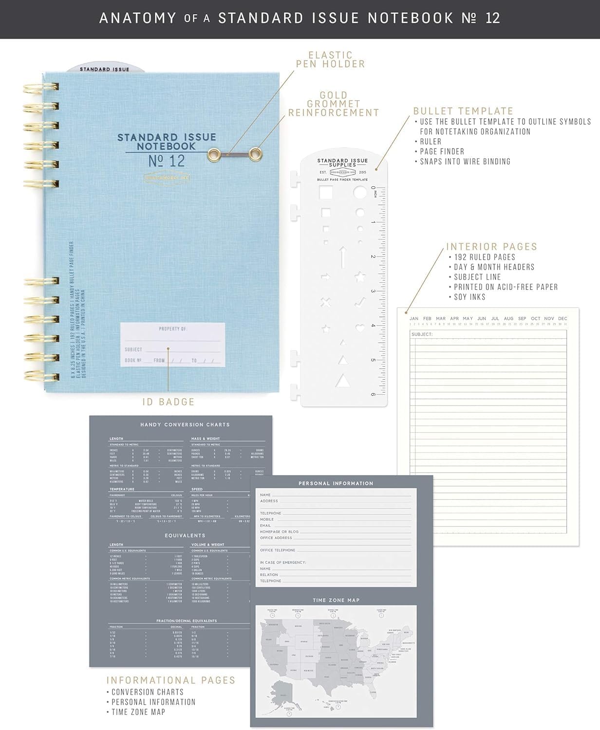 Designworks Ink Agenda estándar número 12 negra sin fecha con páginas forradas, soporte elástico para bolígrafo y encuadernación en espiral duradera