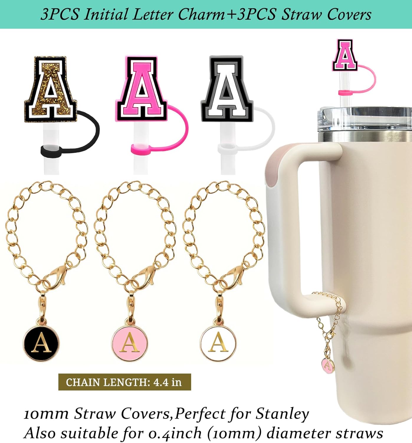 (3 +3) 3 fundas de popote de Nuozme de 0.394 pulgadas para vaso Stanley, reutilizable, tapa de popote con 3 dijes de letras iniciales, accesorios