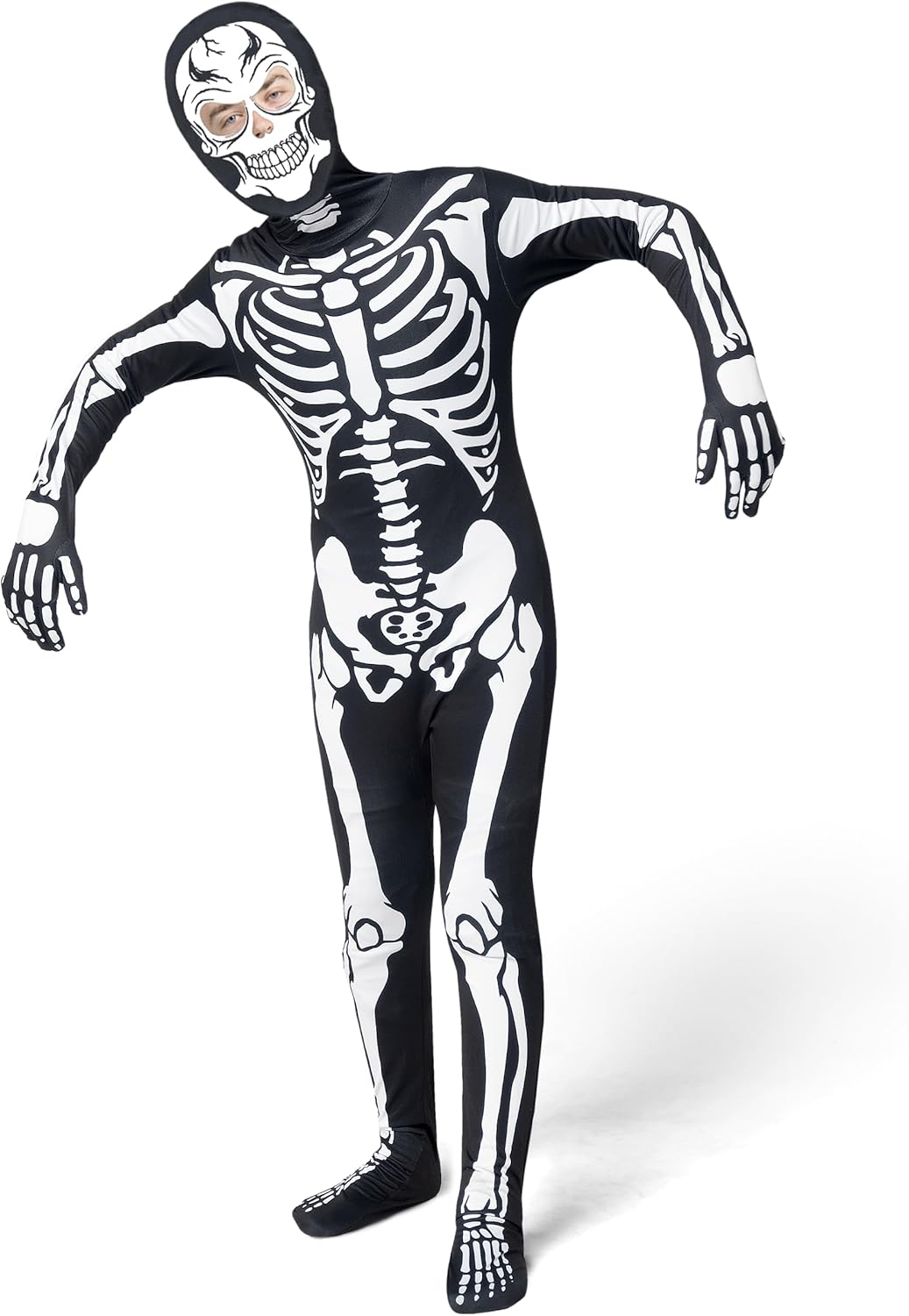 Spooktacular Creations Disfraz de esqueleto para niños, body con capucha de esqueleto negro que brilla en la oscuridad para niños y niñas