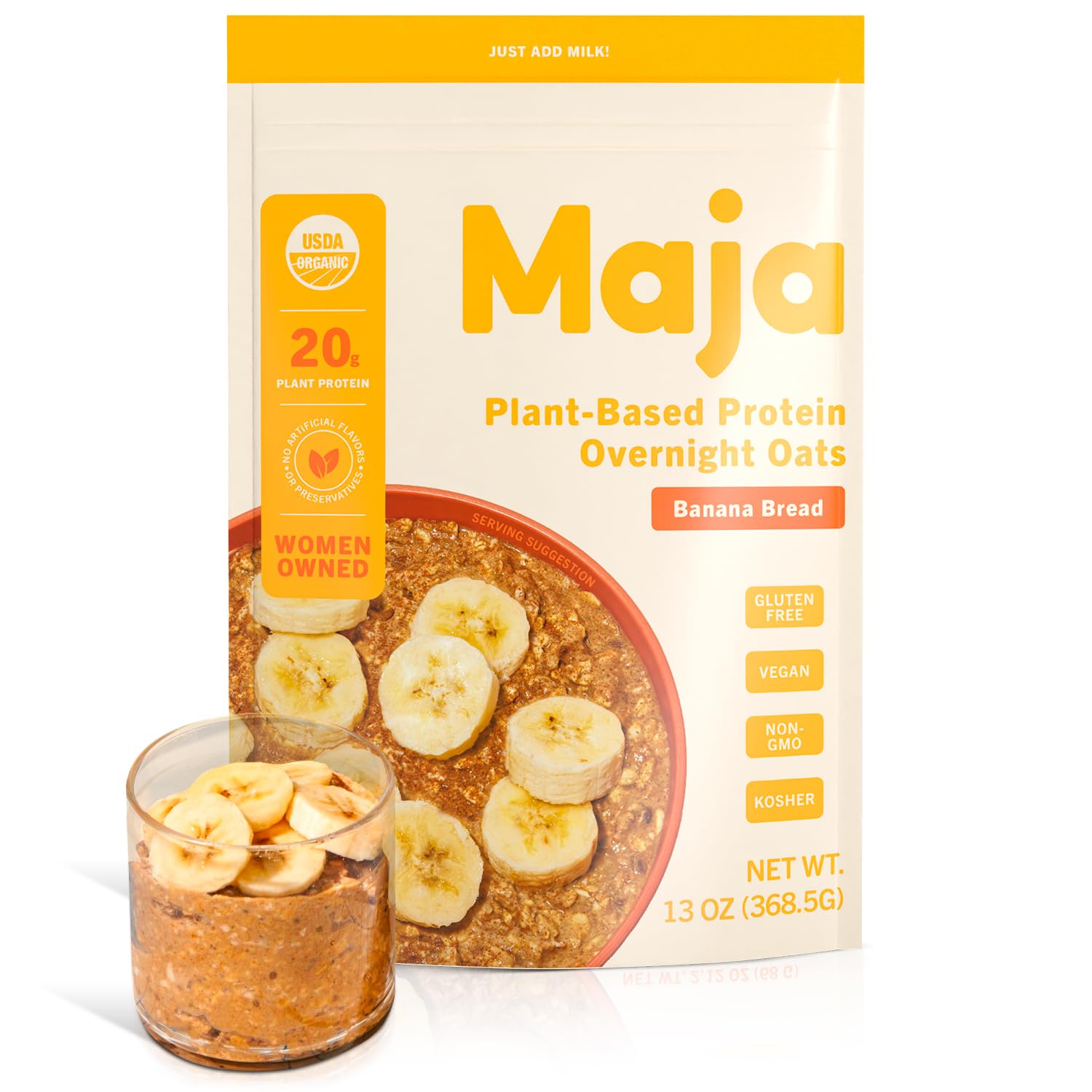 Maja Avena proteica orgánica a base de plantas  Pan de plátano avena durante la noche, 5 porciones (2.40 oz) Vegana, avena sin gluten, deliciosa