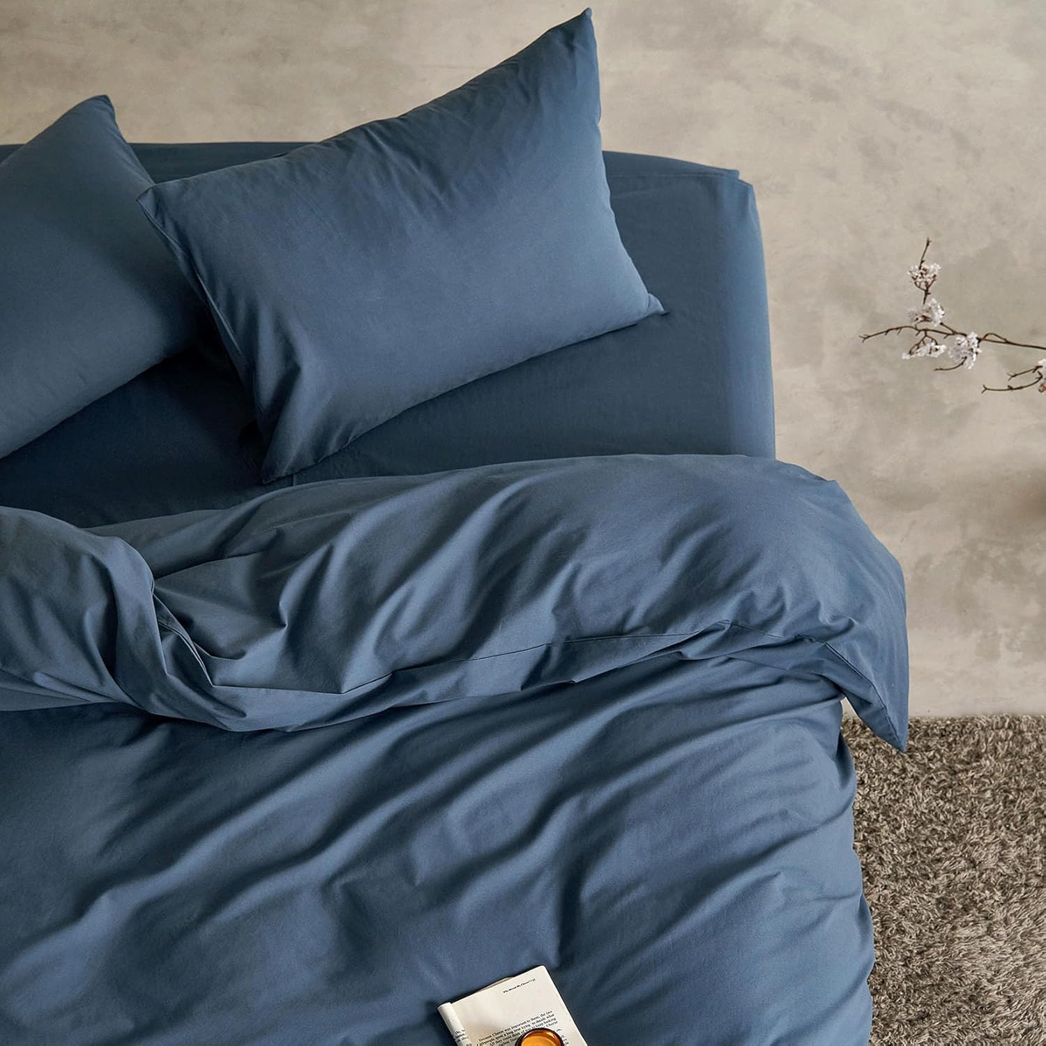 Wake In Cloud – Juego de funda de edredón de algodón, tamaño Queen, azul marino oscuro, 100% algodón lavado, textura similar al lino, percal