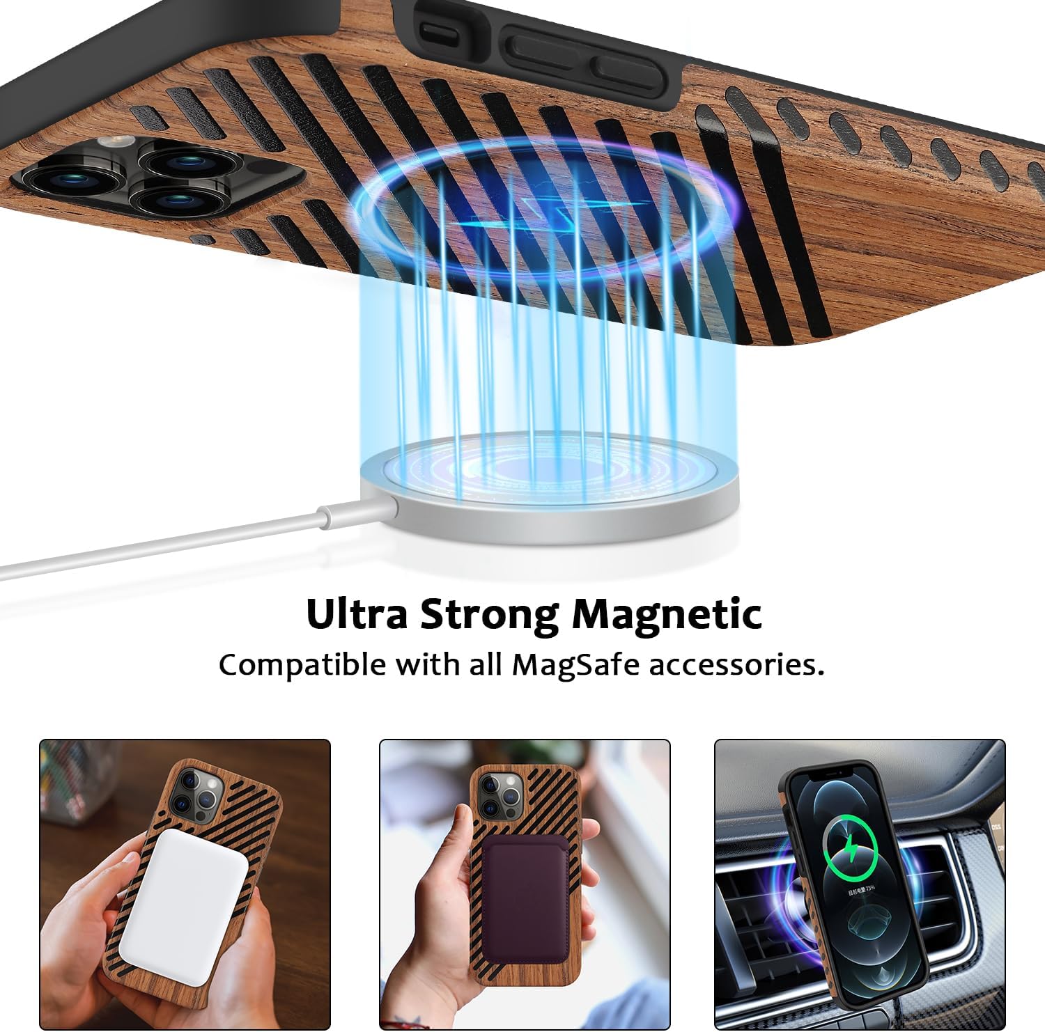 ZZDZZ Funda magnética compatible con iPhone 12 Pro  iPhone 12 compatible con MagSafe diseño de madera y cuero, funda híbrida de TPU a prueba de