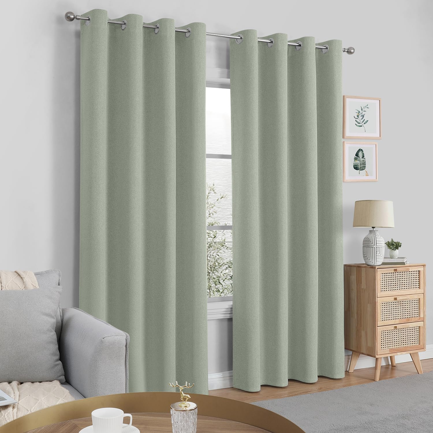 HOMEIDEAS Cortinas opacas 100% verde salvia para dormitorio, cortinas de lino de 63 pulgadas de largo, 2 paneles para sala de estar, lino sintético,