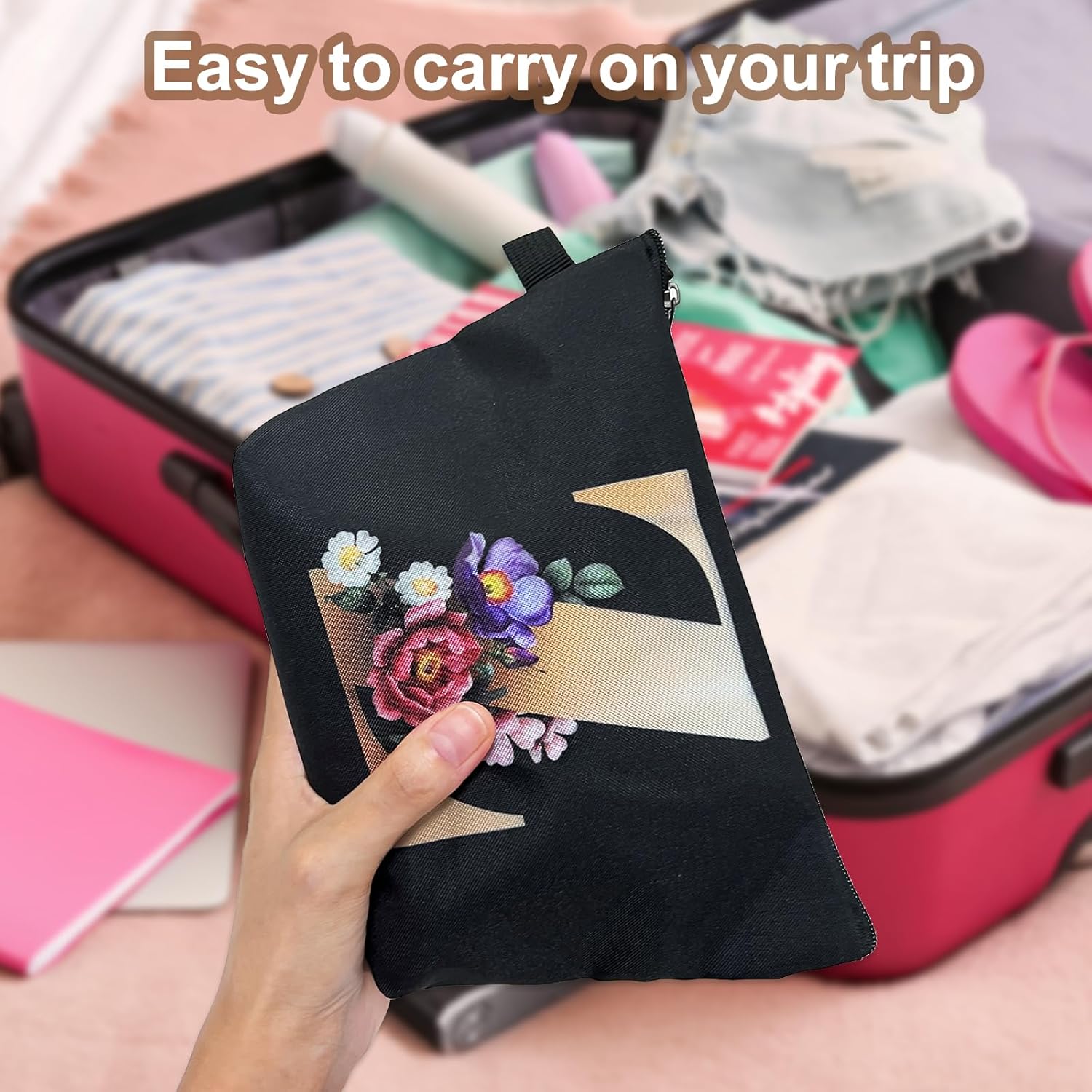 CTNUOBEE Bolsa de comestic con letras del alfabeto dorado con bolsa de maquillaje de flores, bolsa de viaje portátil con cremallera, bolsa de aseo