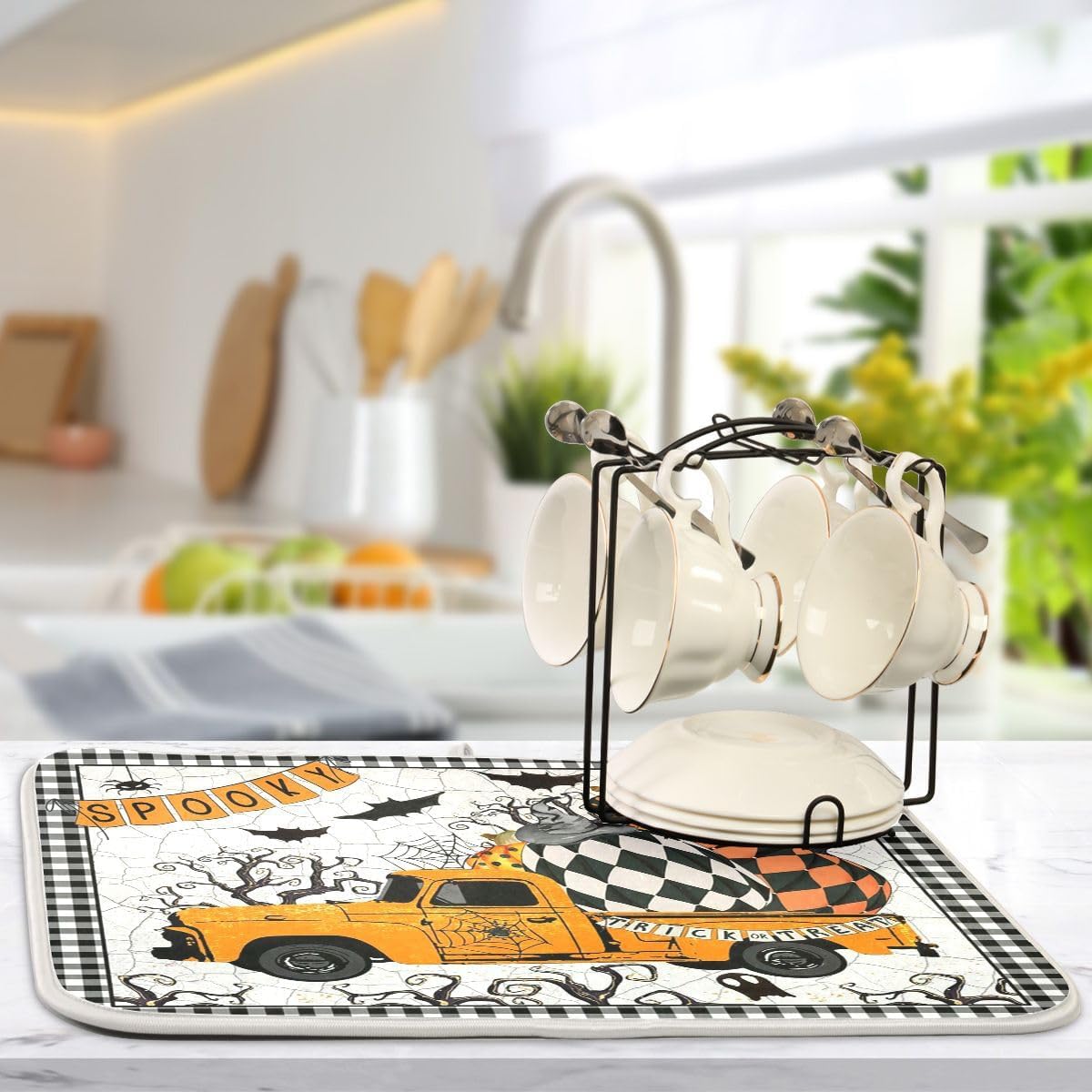 Tapete de secado de platos con diseño de calabaza y camión de Happy Halloween, tapete de secado de microfibra absorbente reversible para platos de