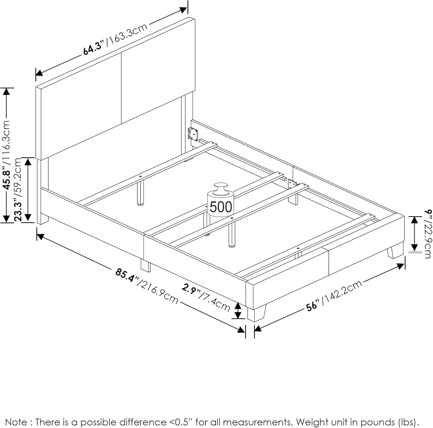 Furinno Pessac – Marco de cama tapizado de tela con soporte de listones de madera, tamaño Queen, glaciar
