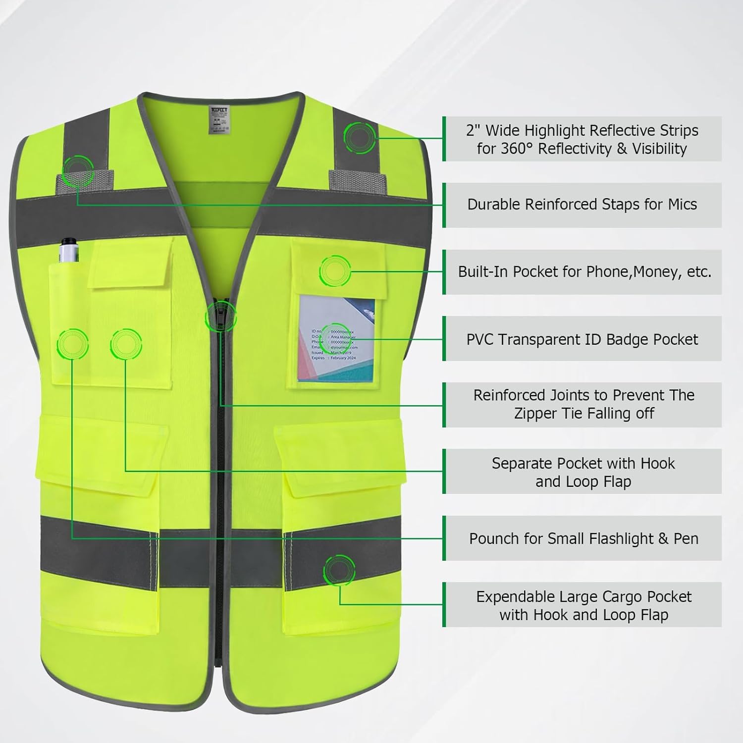 TCCFCCT Chaleco de seguridad reflectante de alta visibilidad con 5 bolsillos con cremallera, chaleco de trabajo Hi Vis, con tira horizontal para