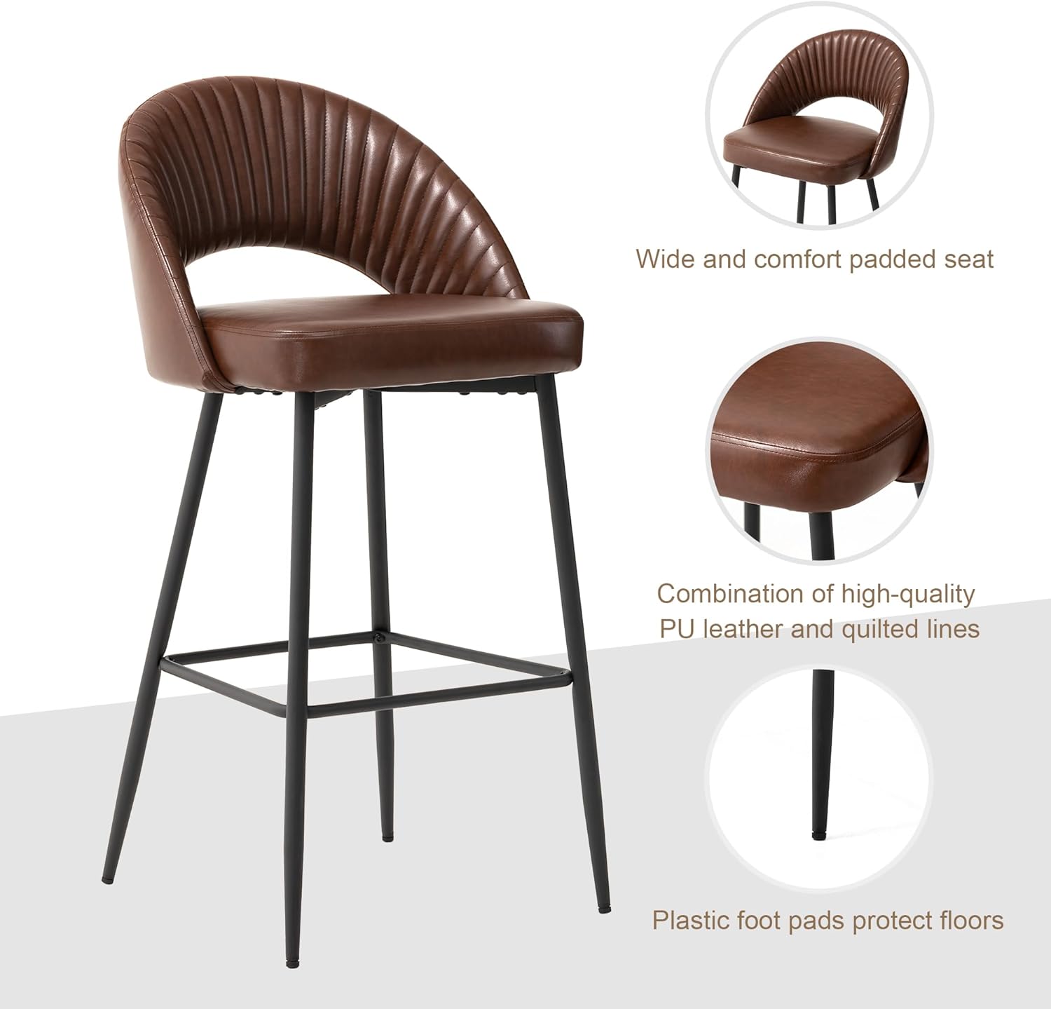 glitzhome Juego de 2 taburetes altos modernos de piel sintética, taburetes de bar altos de respaldo medio con patas cónicas de metal, sillas de bar