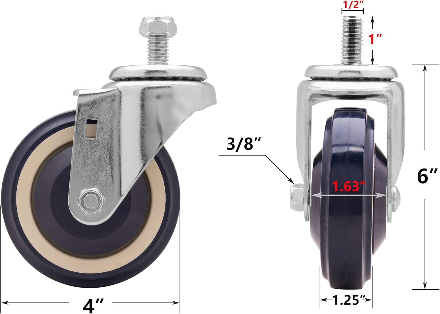 Paquete de 4 ruedas de poliuretano escalonadas y completas de 4 pulgadas, con rodamiento de bolas doble, rueda giratoria con tornillos, capacidad