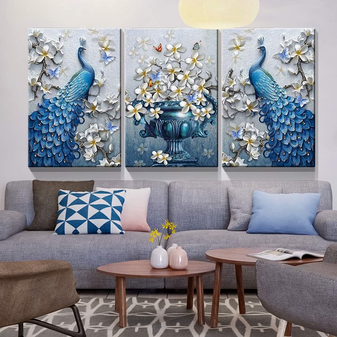 Denozer – 3 paneles de cuadros de arte de pared en lienzo de pavo real – Cuadros elegantes de flores de pavo real sobre lienzo, decoración de pared