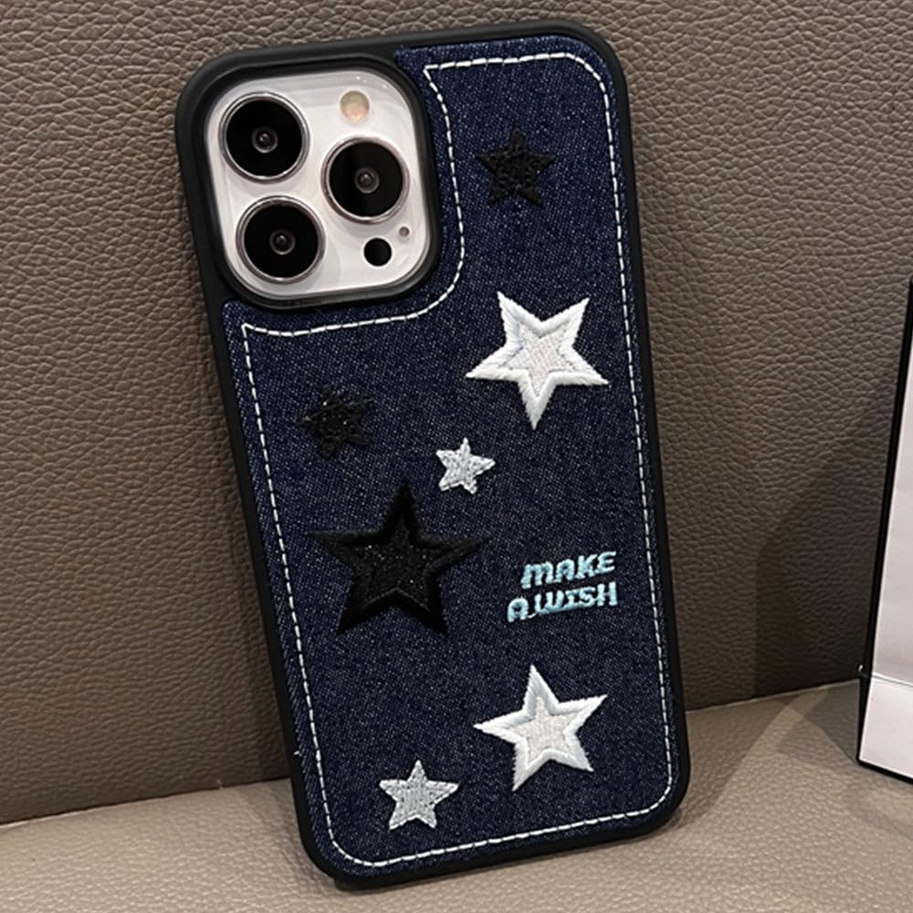 Casechics Funda compatible con iPhone, funda de silicona con bordado de tela vaquera fresca, protección para lente de cámara, suave a prueba de