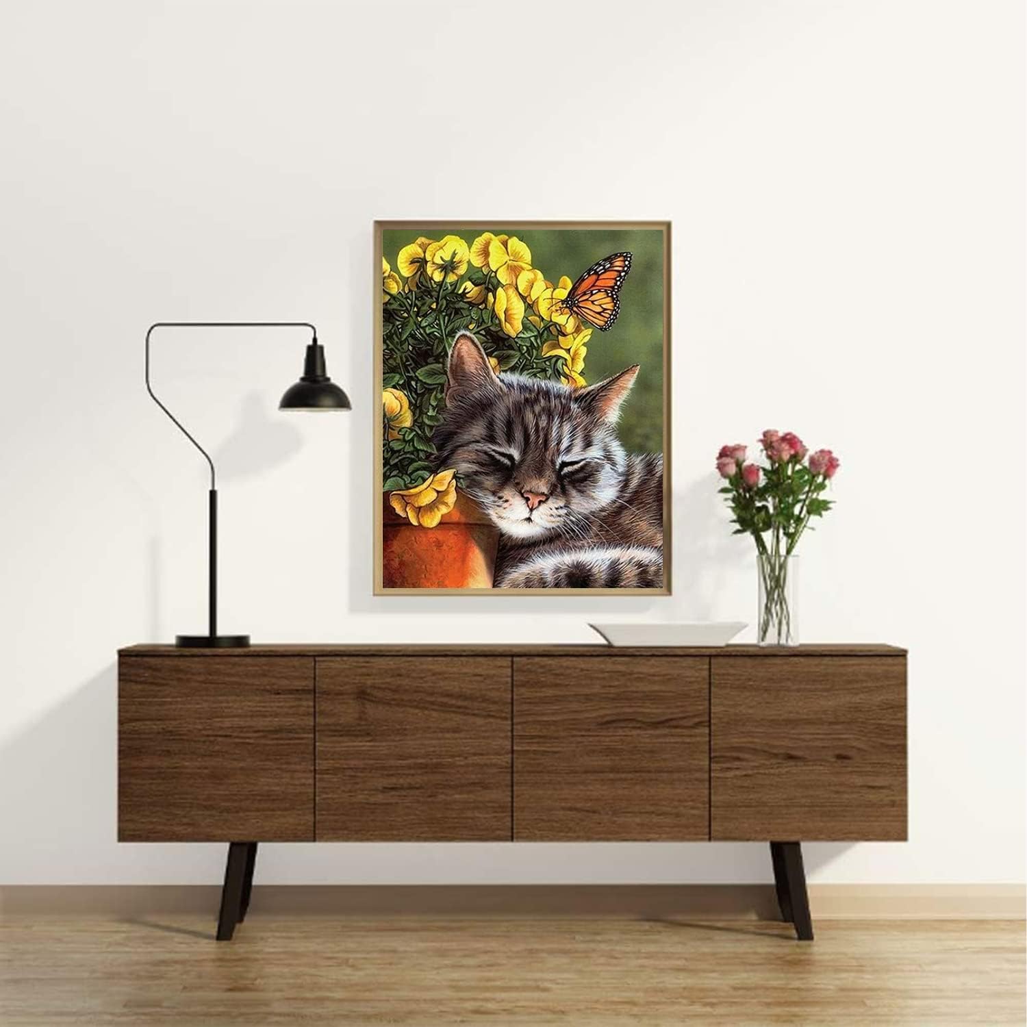 KEOOID Kits de pintura de diamantes de flores para adultos, niños y principiantes, arte redondo con gemas de gato y mariposa con diamantes 5D para