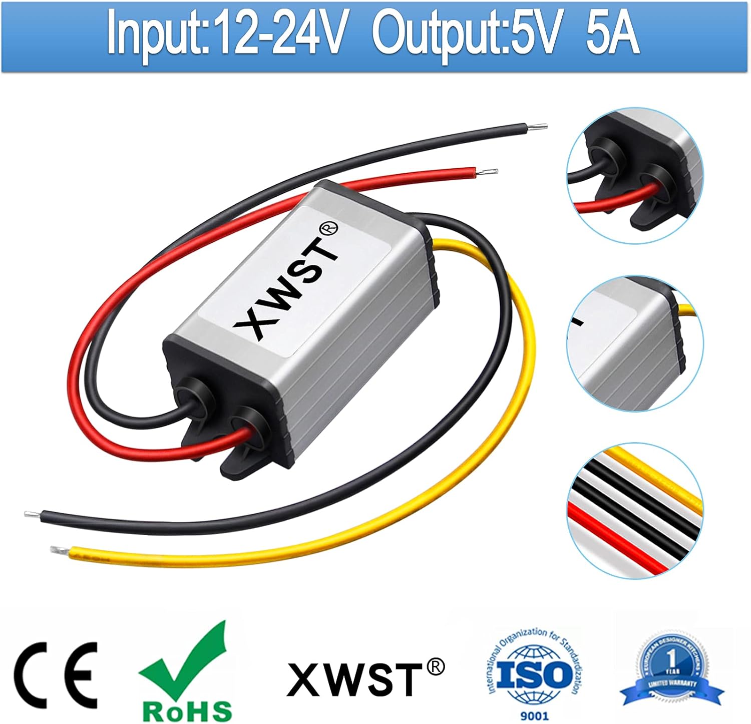 XWST DC 12V 24V reductor de voltaje convertidor de 5 V 5 A 25 W, regulador de 5 voltios, fuente de alimentación impermeable DCDC Buck transformador