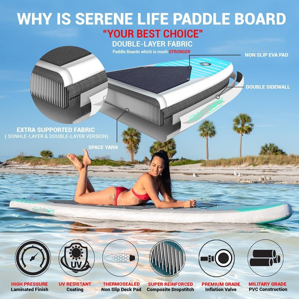SereneLife Tabla de remo inflable (6 pulgadas de grosor) con accesorios de SUP premium y bolsa de transporte  Posición amplia, aleta inferior para
