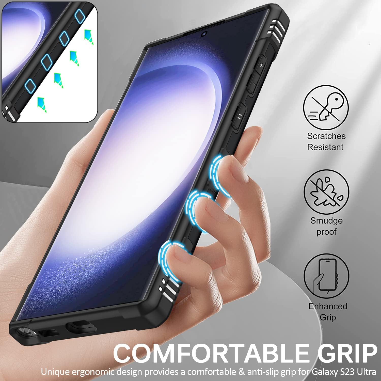 Miimall Funda compatible con Samsung Galaxy S23 Ultra, funda S23 Ultra con soporte de anillo y soporte giratorio y funda antideslizante a prueba de