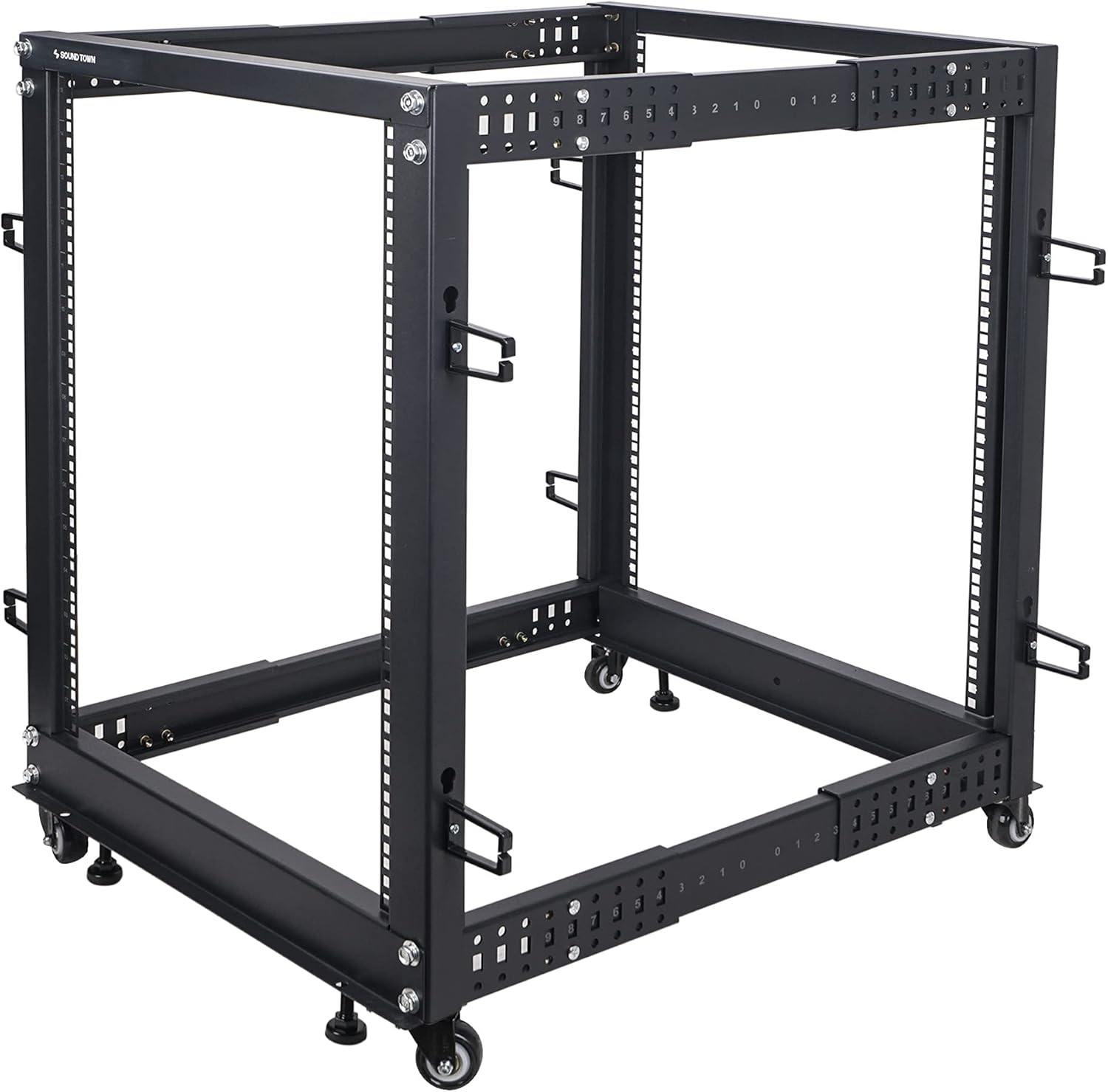 Sound Town Rack de 4 postes de 15U de marco abierto y equipo de red con profundidad ajustable de 22 a 40 pulgadas, ruedas, niveladores, gestión de