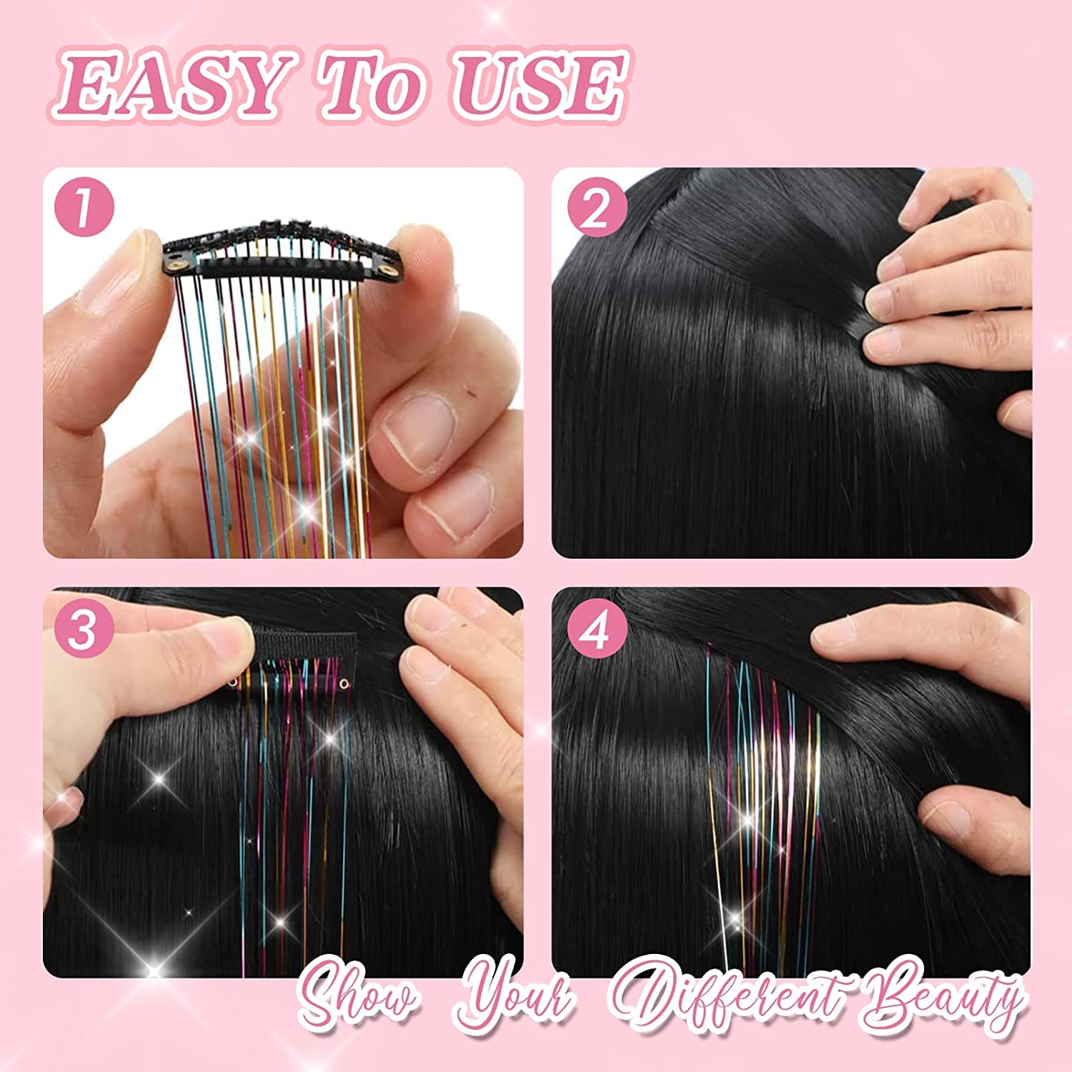 Eliongpu Paquete de 12 piezas de oropel con clip, 20 pulgadas, resistentes al calor, extensiones de oropel con clip, mechones brillantes, regalo de
