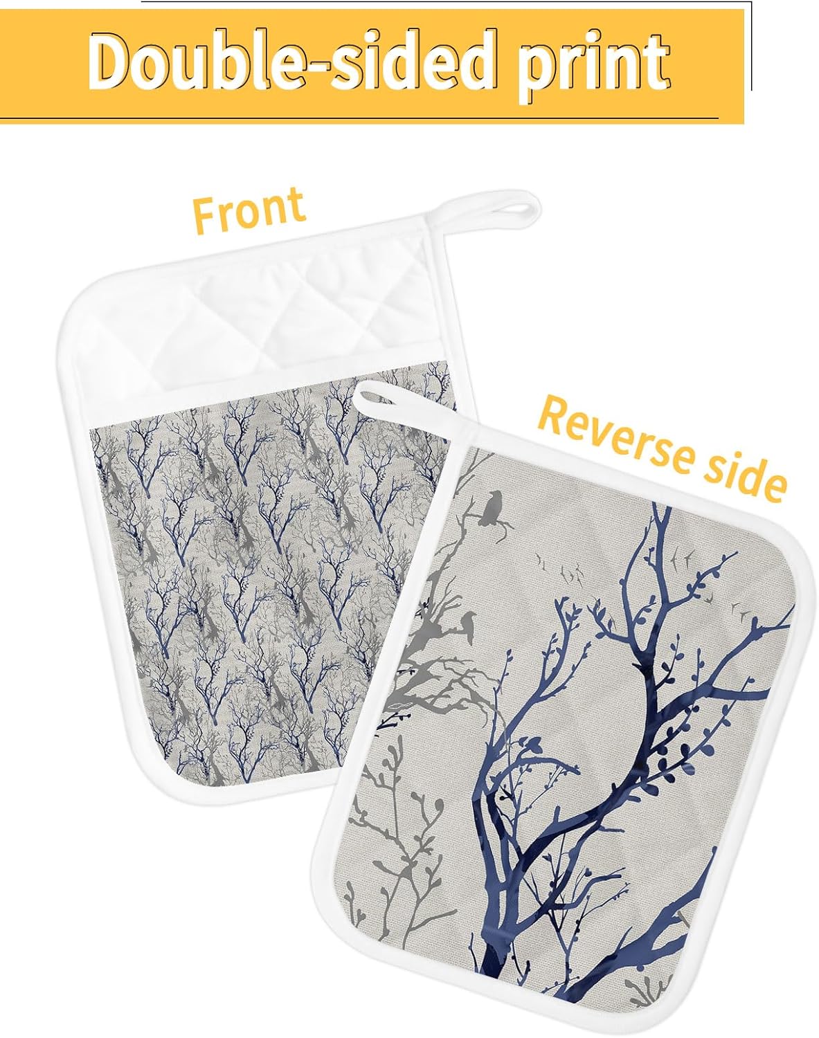 Branches Birds – Juego de 2 soportes para ollas para cocina, antideslizante y aislante de calor, juego de agarraderas de tela de toalla con