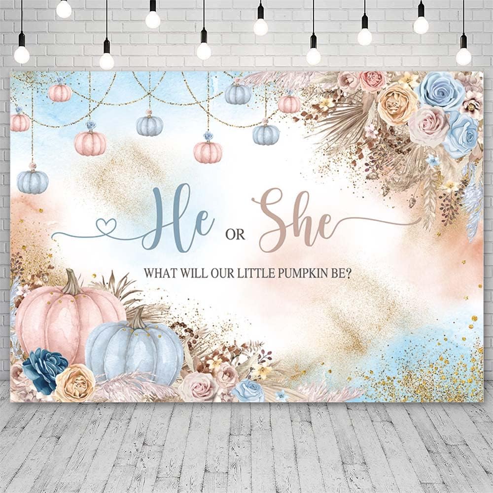 Telón de fondo de revelación de género de 7 x 5 pies con texto en inglés “He or She What Will Our Little Pumpkin Be Background”, color rosa y azul,