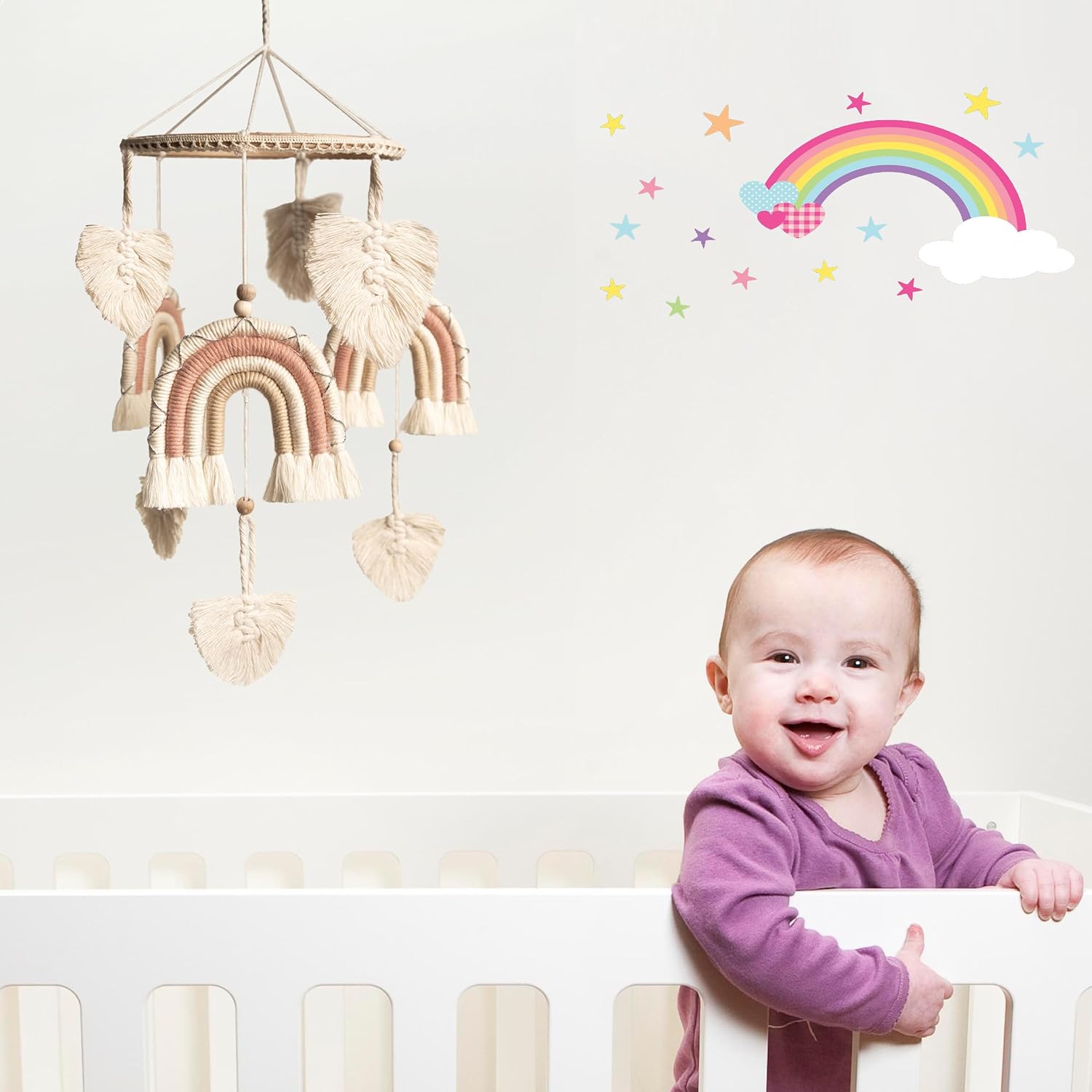 Móvil de cuna para niñas, móvil de bebé arcoíris, móvil hecho a mano para cuna, móvil de macramé para cuna, móvil de cuna bohemio, móvil de cuna