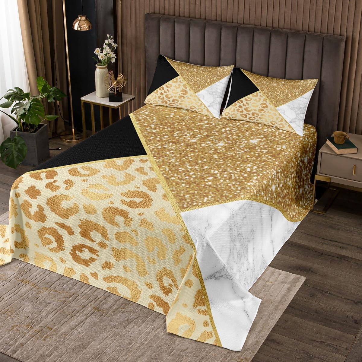 Manfei Colcha de mármol tamaño Queen, purpurina dorada y estampado de leopardo, colcha acolchada con 2 fundas de almohada, juego de colcha de mármol