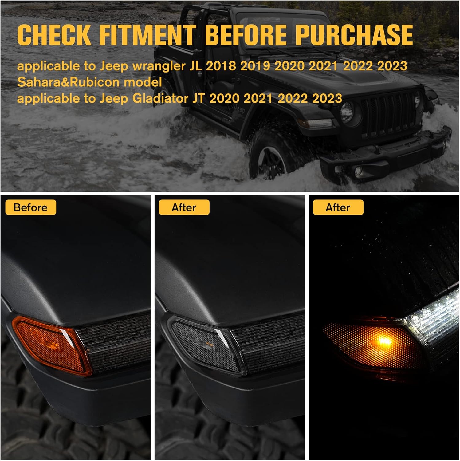 LitMiRaCle LED Side Marker Light for Jeep Wrangler JL & Gladiator JT 2018 2019 2020 2021 2022 2023, Smoke Lens Amber Fender Flares Light Accessories