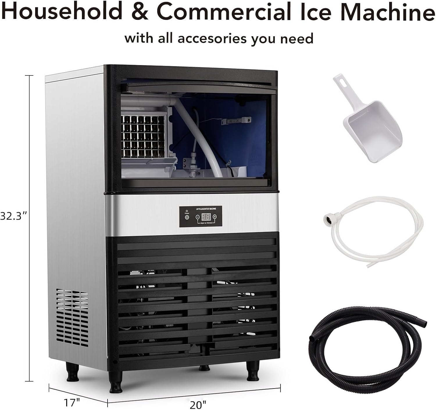 Máquina de hielo comercial de 110 libras24 horas, máquina de hielo debajo del mostrador con cubo de hielo de 30 libras, 40 cubitos de hielociclo,