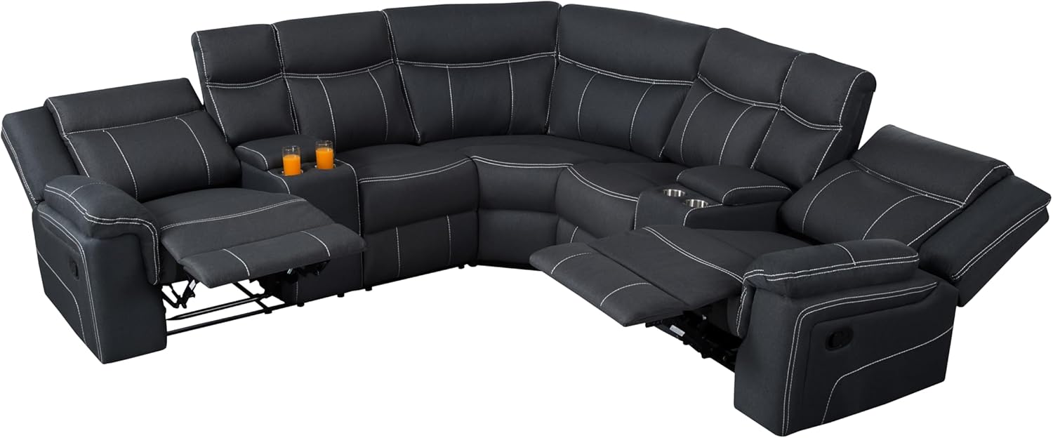 Moderno sofá seccional de movimiento manual en forma de L esquinero de 5 plazas, sofá reclinable curvado y simétrico tapizado con 2 consolas de