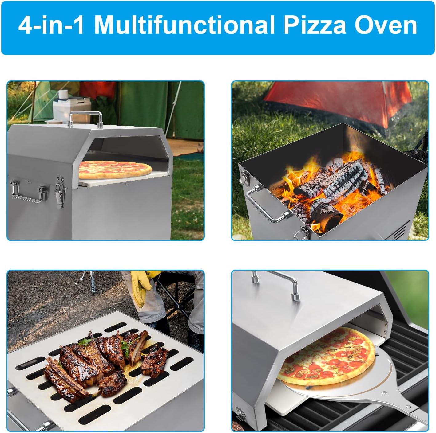 SafBbcue Horno de pizza 4 en 1 para exteriores, 2 capas desmontables exteriores de acero inoxidable más grueso, hornos de madera con piedra para