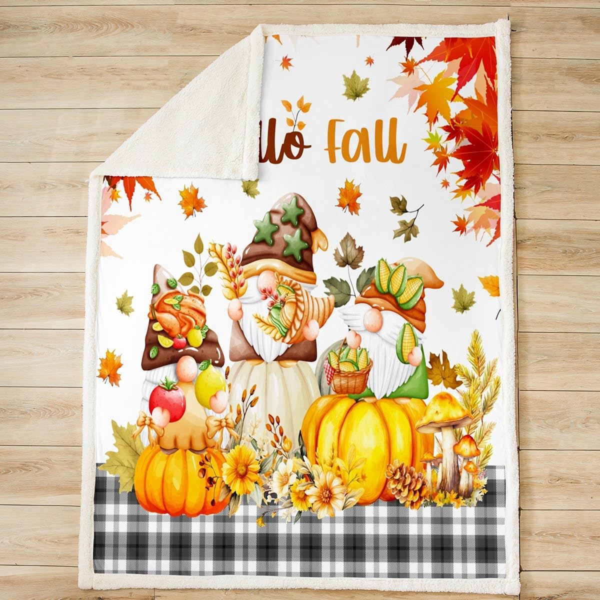 Manfei Manta de Hello Fall con diseño de gnomos y hojas de calabaza para sofá, manta de cosecha de otoño para niños y adultos, manta de forro polar