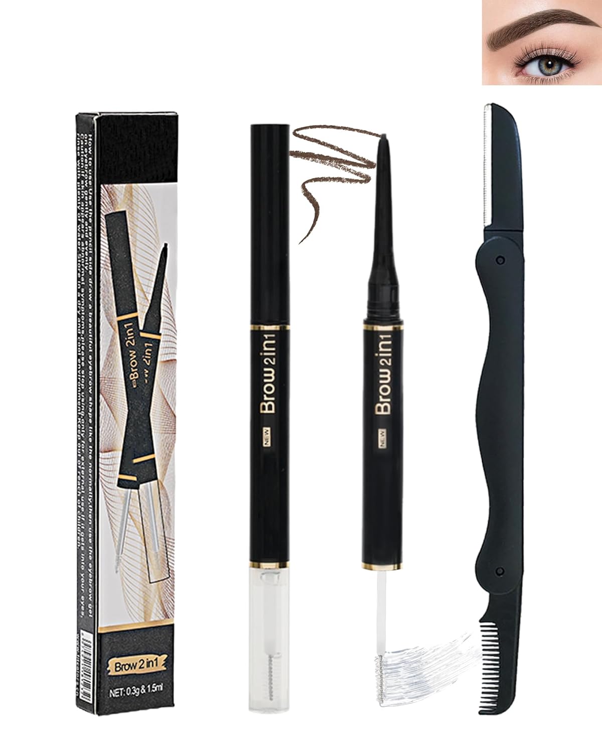Gel de cejas y lápiz de cejas 2 en 1, lápiz retráctil de cejas marrón oscuro, gel impermeable para cejas, ultra fino de larga duración para un