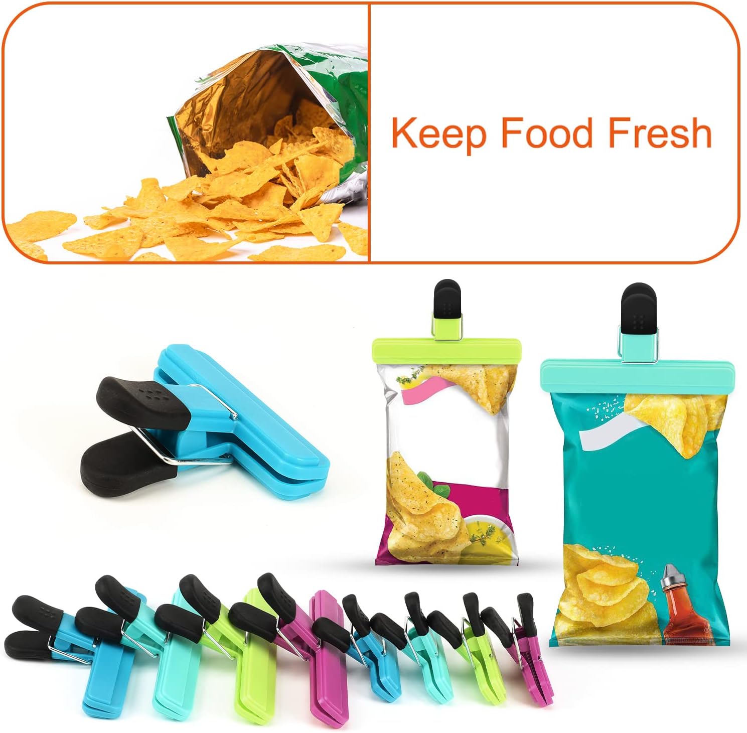 TACGEA Clips para chips, paquete de 8 clips para alimentos, clips amplios abiertos para bolsas para almacenamiento de alimentos con agarre hermético
