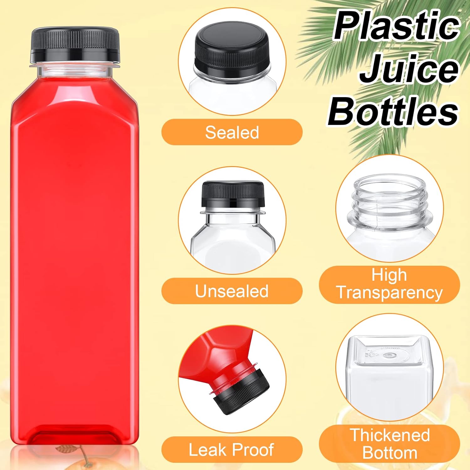 200 botellas de plástico con tapas, botellas cuadradas transparentes para jugos, recipientes para bebidas, reutilizables, botellas vacías para