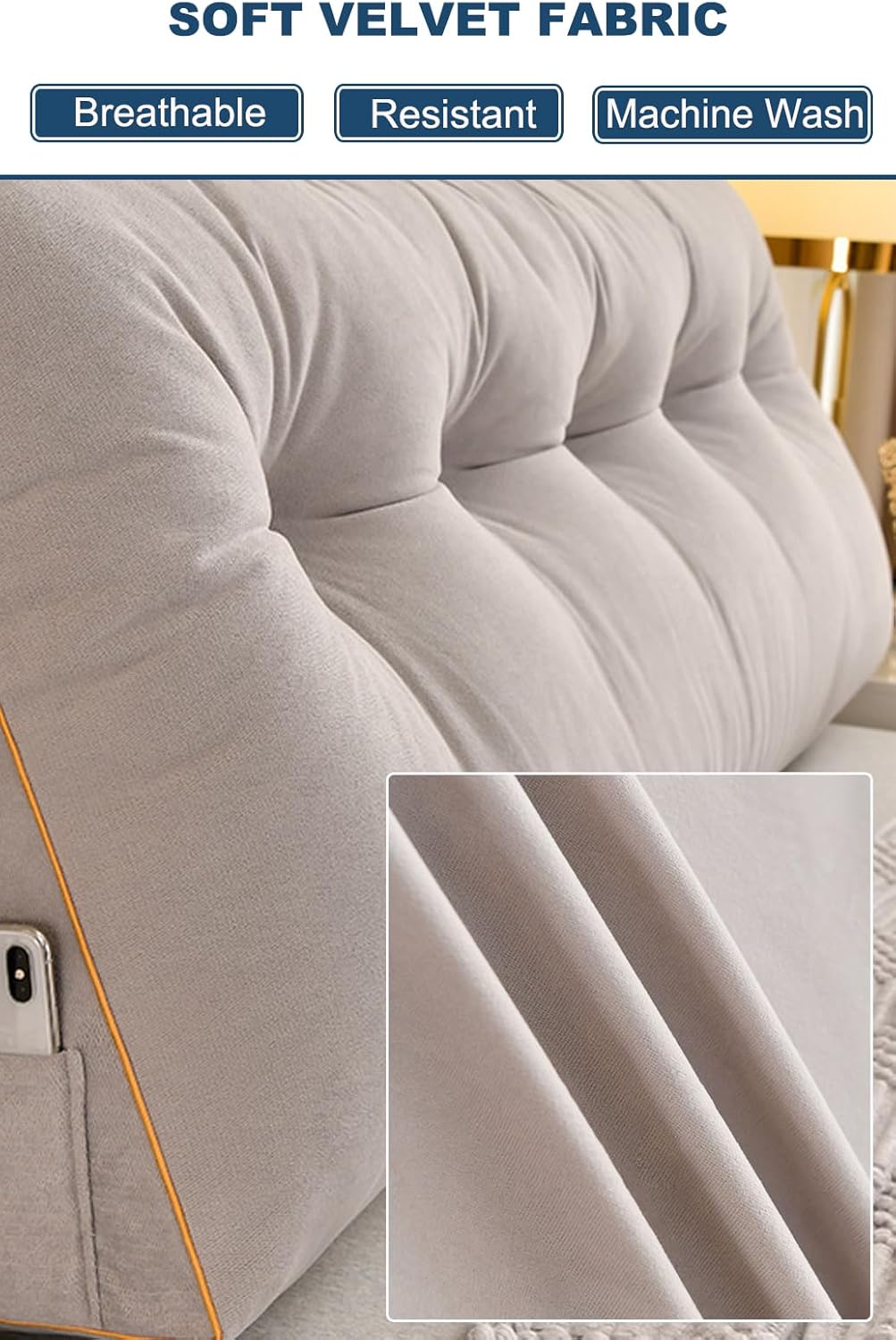 NENAGGE Almohada triangular para cabecero, almohada de cuña para cama de día, almohada grande de respaldo de lectura con correas fijables, cojín de