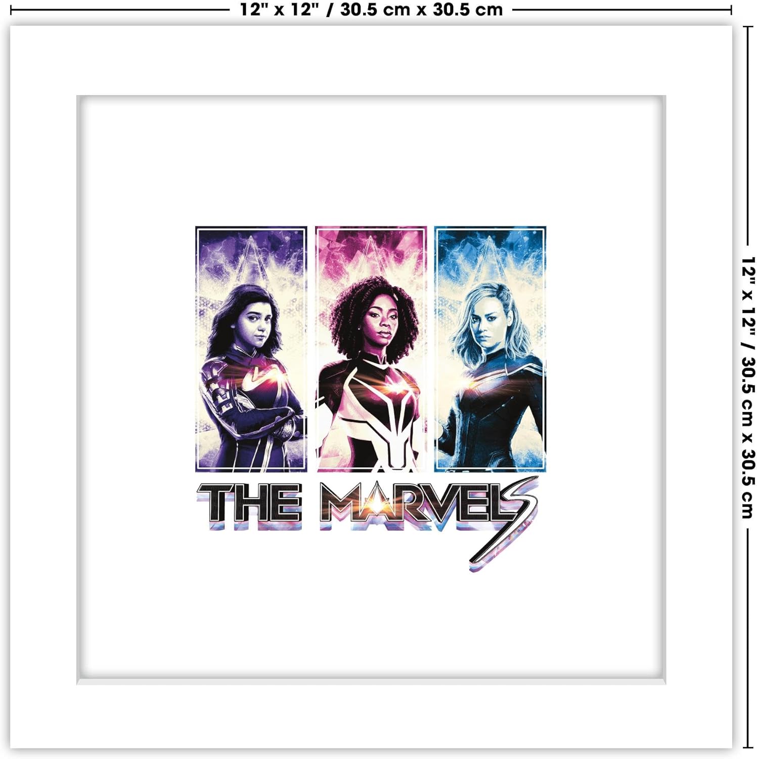 Trends International Gallery Pops Marvel The Marvels – Póster gráfico de pared de The Marvels, 12.00 x 12.00 pulgadas, versión de marco blanco