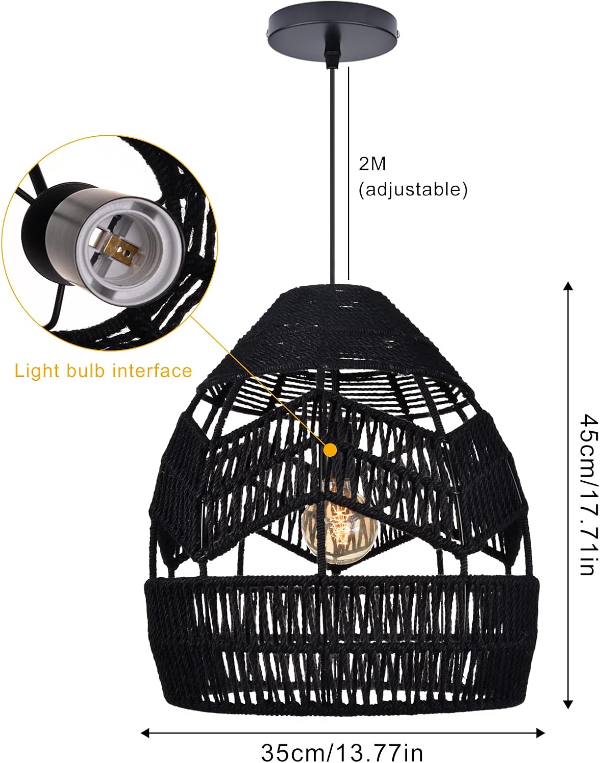 Arturesthome Lámpara de araña negra de metal de cuerda de cáñamo de mimbre, retro hogar colgante lámpara de iluminación de techo dormitorio cocina