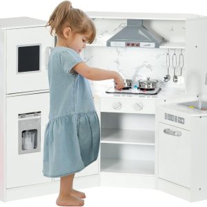 Qaba Juego de cocina de madera para niños pequeños, juguete de simulación para niños con luces, sonidos, delantal y sombrero de chef, máquina de Qaba Juego de cocina de madera para niños pequeños, juguete de simulación para niños con luces, sonidos, delantal y sombrero de chef, máquina de